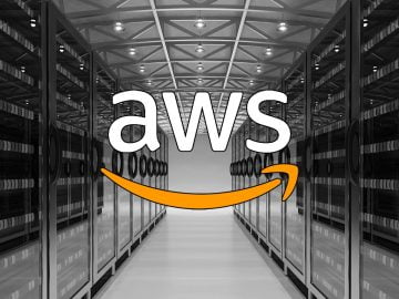 Amazon AWS logo over a data center