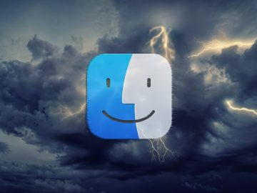 macOS logo with storms in the background