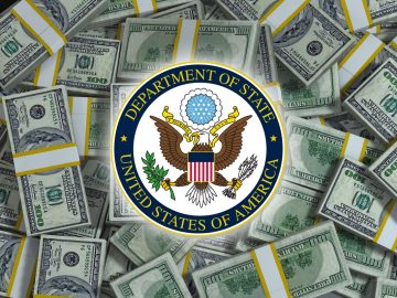 Piles of money with Department of State logo