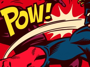 Pop art comics style superhero fighting and punching super villain