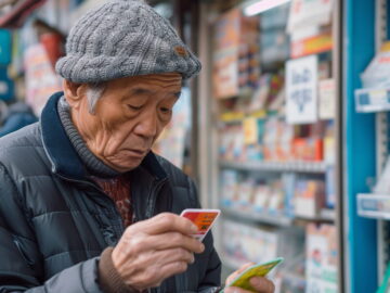 Older man looking at prepaid cards