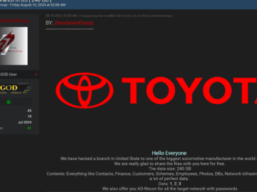 Toyota disclosed a data breach after ZeroSevenGroup leaked stolen data on a cybercrime forum