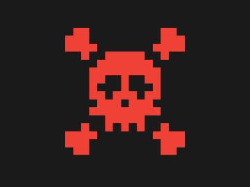 A red skull and bones is shown against a black background.