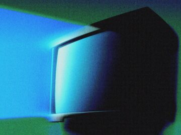 An illustration of an old TV set with pale blue light ominously beaming from the display,