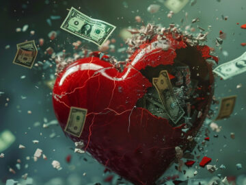 Broken heart with money falling out