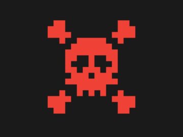 A red skull and bones is shown against a black background.