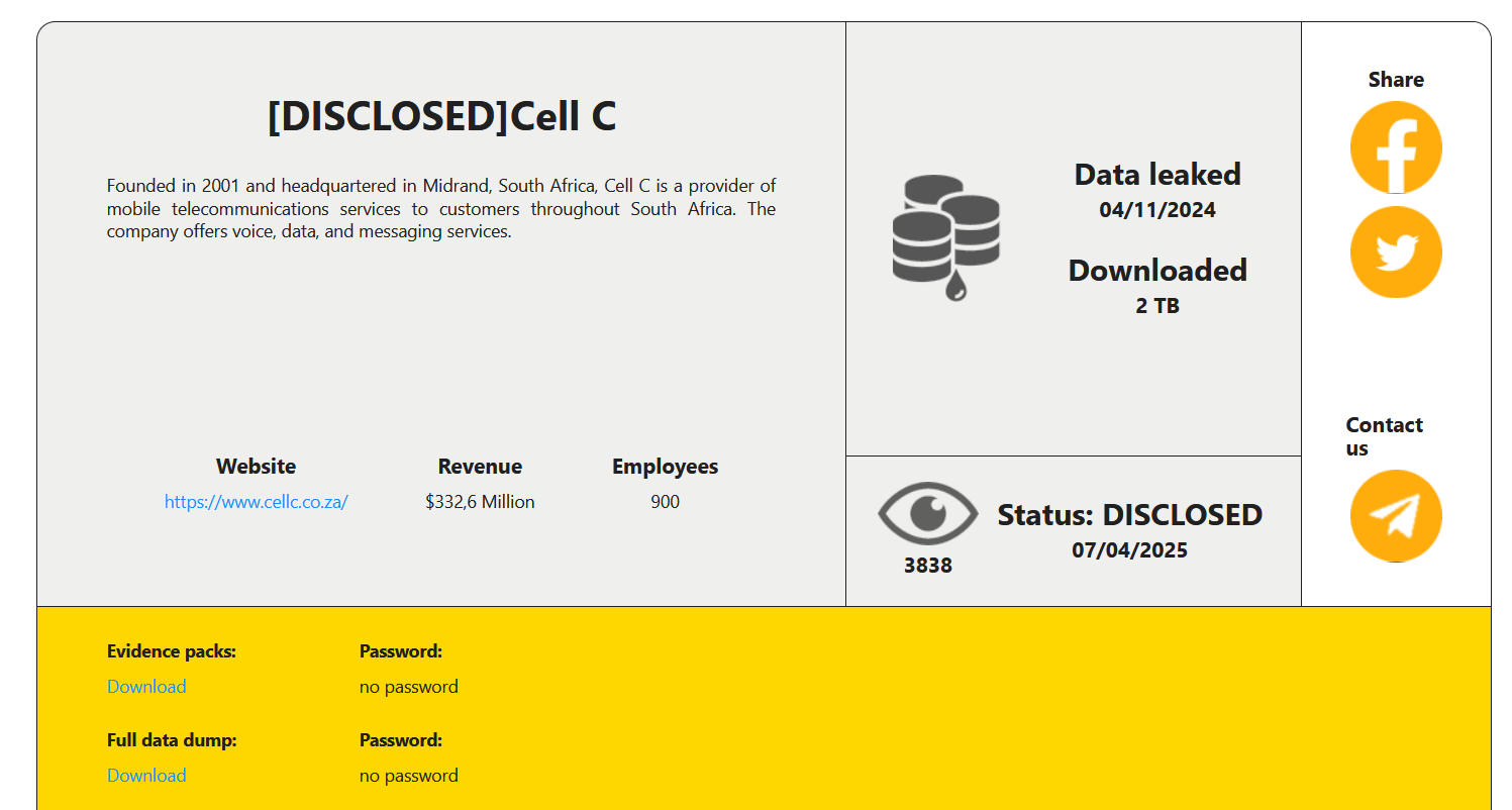 South African telecom provider Cell C disclosed a data breach