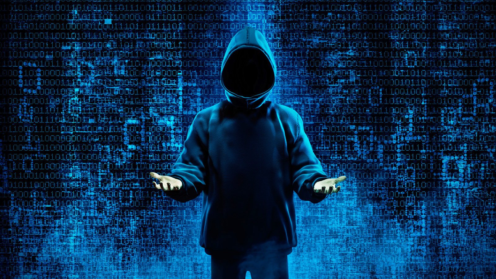 Hacker with arms raised