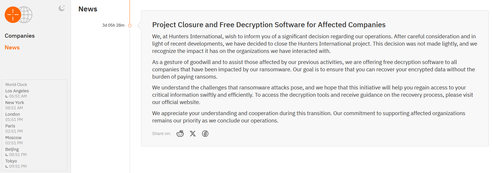 Hunters International ransomware gang shuts down and offers free decryption keys to all victims