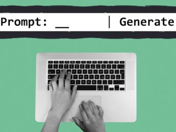 A set of hands types onto a laptop keyboard, viewed from above. The words "Prompt" and "Generate" appear at the top of the image.