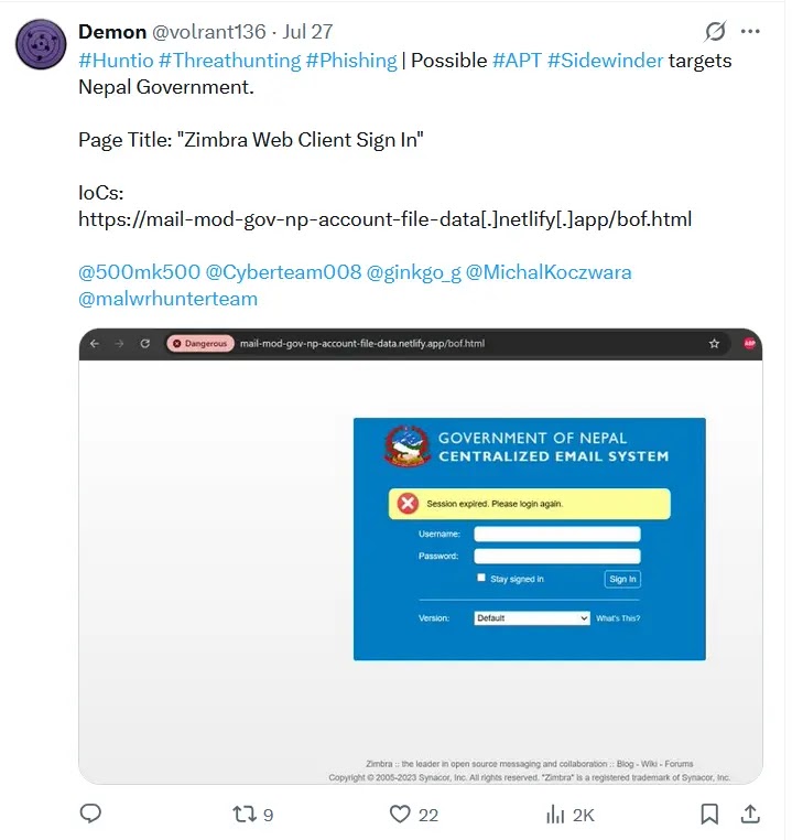 APT Sidewinder Spoofs Government and Military Institutions to Steal Login Credentials