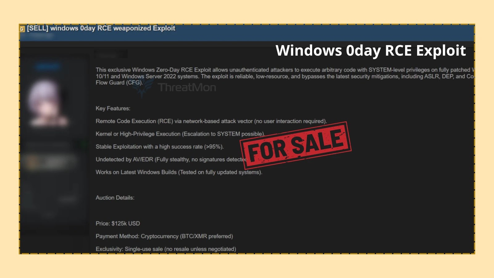 Threat Actors Allegedly Listed Windows Zero-Day RCE Exploit For Sale on Dark Web Threat Actors Allegedly Listed Windows Zero-Day RCE Exploit For Sale on Dark Web