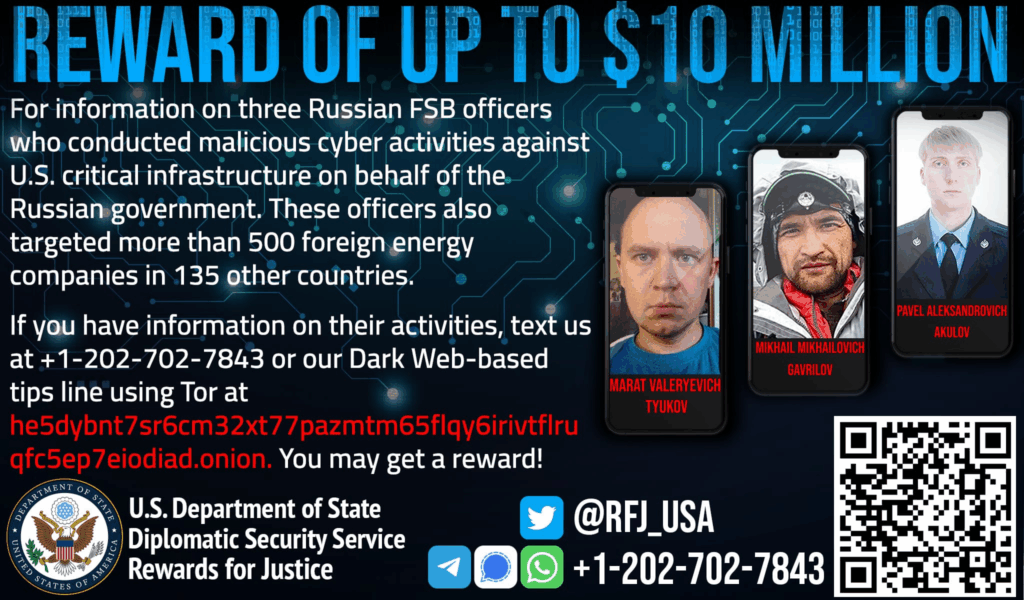 $10M reward for Russia's FSB officers accused of hacking US Critical infrastructure