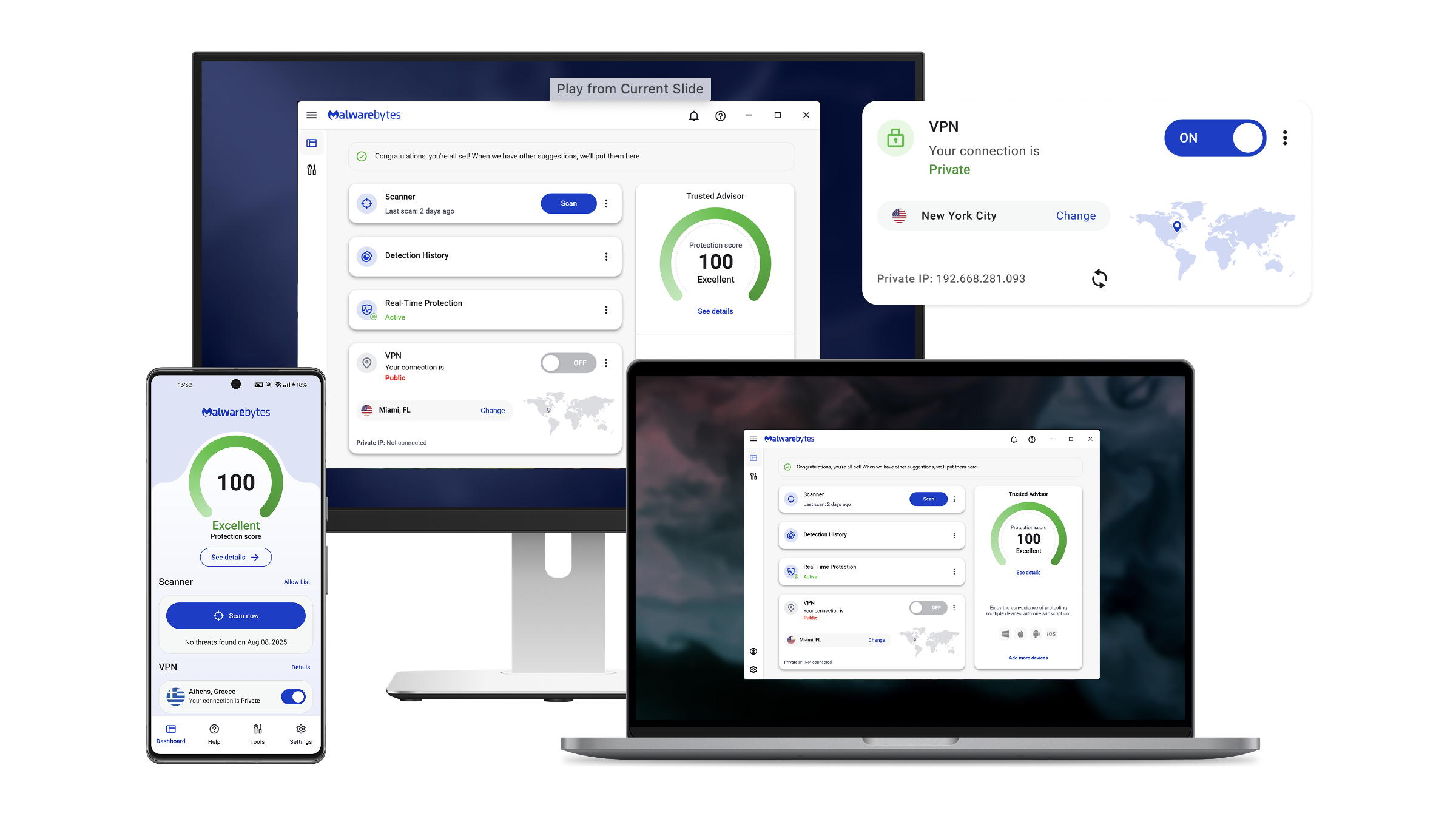 Malwarebytes for Teams now includes VPN A computer monitor, smartphone, and laptop all showing the Malwarebytes for Teams dashboard