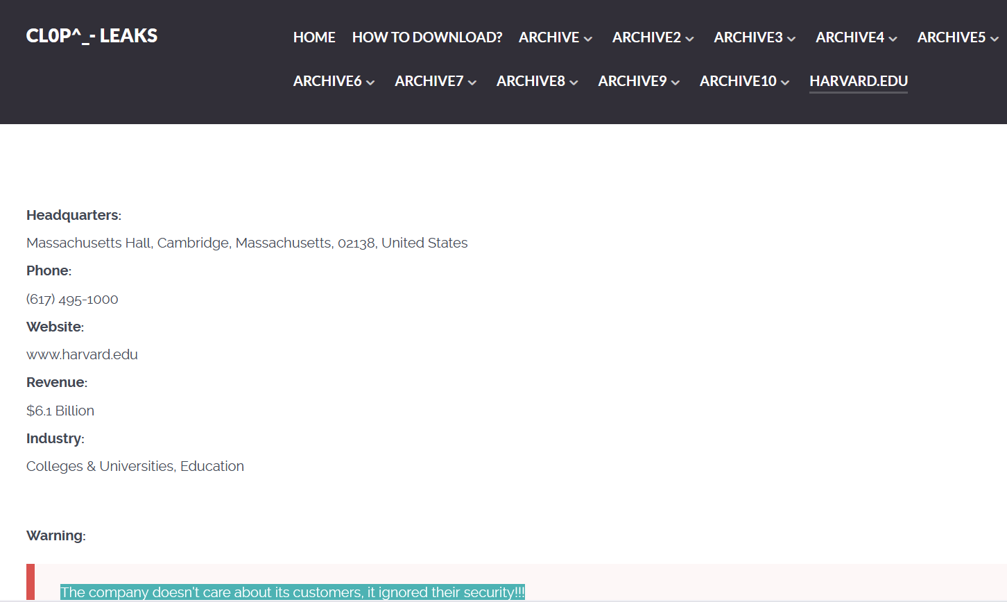 Clop Ransomware group claims the hack of Harvard University Clop Ransomware group claims the hack of Harvard University